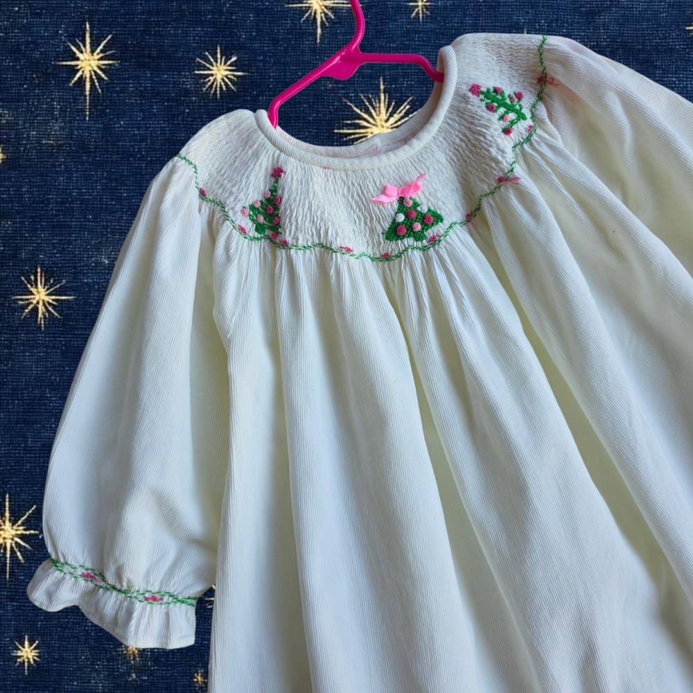 Girls Christmas Dress Size 2T White Corduroy Smocked Embroidered Christmas Trees